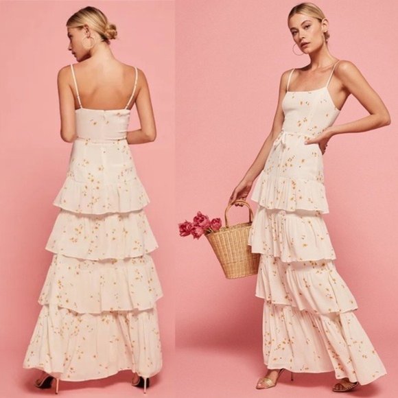 NWT Reformation Foxglove Tiered Ruffle Maxi Dress 2 Opium Floral Georgette - Picture 2 of 11